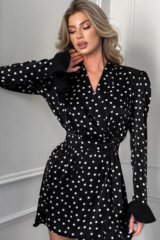 V Neck Puff Sleeve Polka Dot Mini Dress