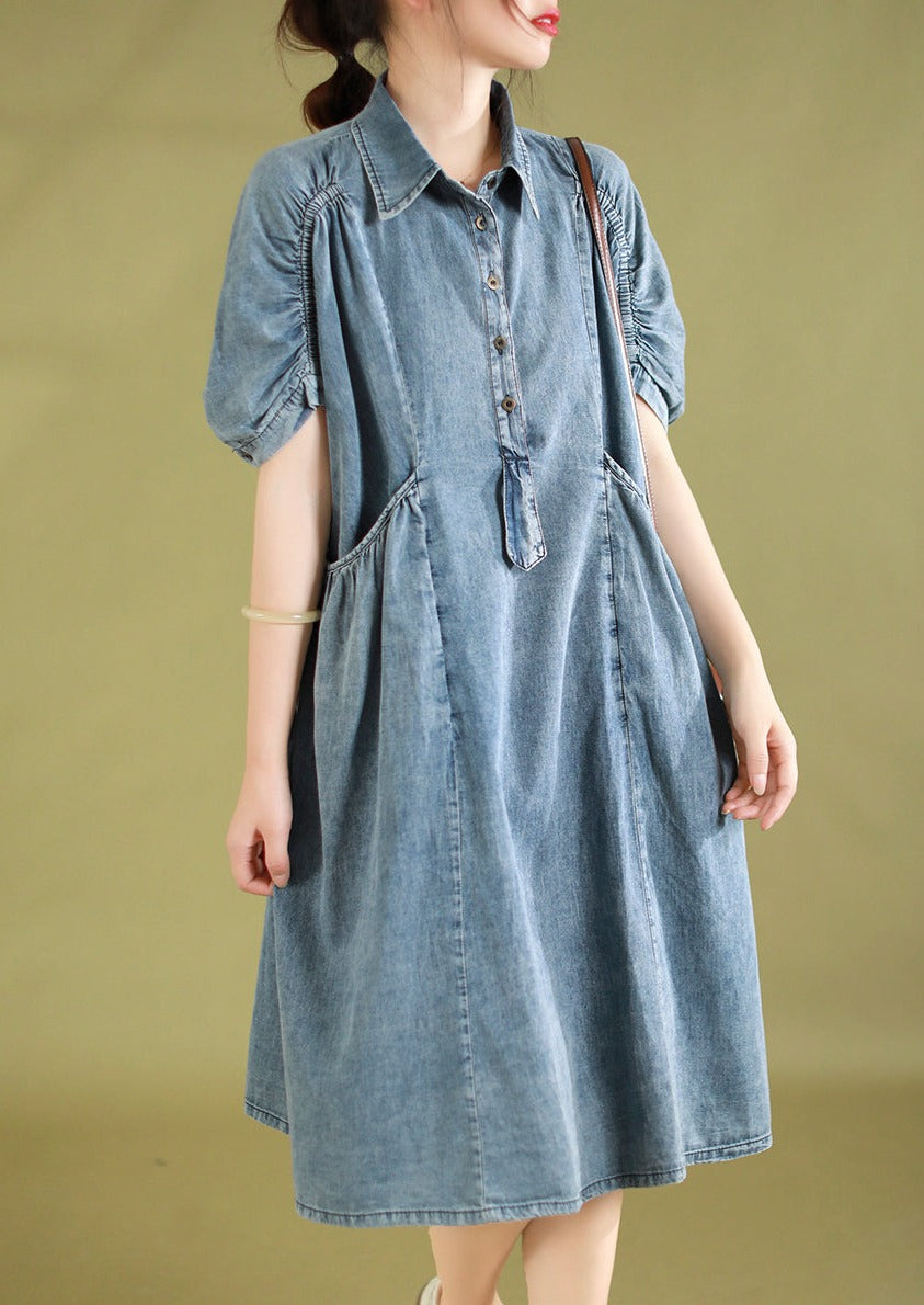 Women Summer Retro Pocket Stitching Button Denim Dress - Omychic