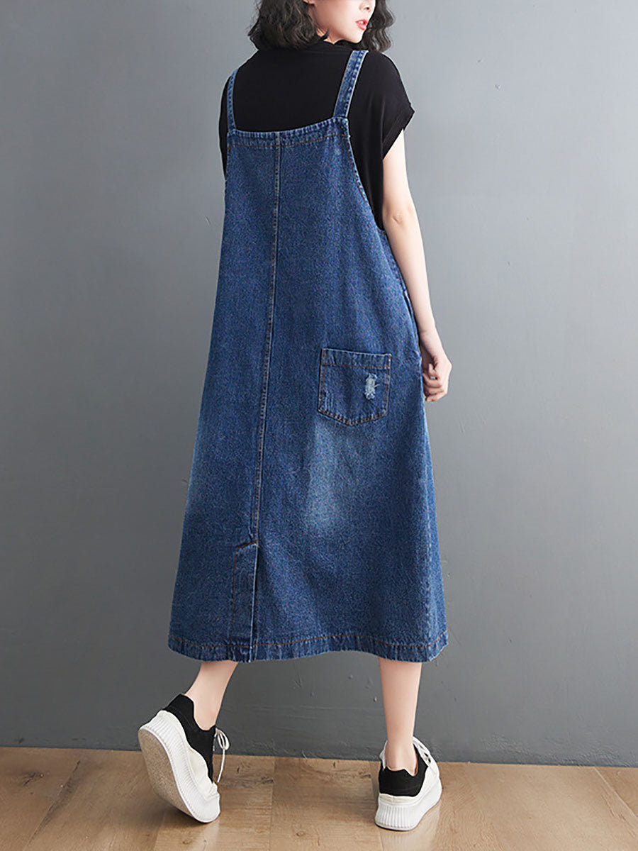 Women Summer Casual Washed Spliced Denim Overall Dress