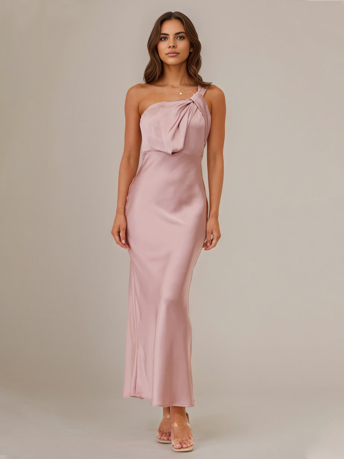 Dusty Rose Satin Sheath/Column One Shoulder Sleeveless Ankle Length Bridesmaid Dress - VelvetHem