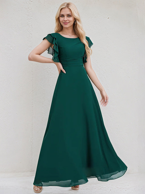 Peacock Chiffon A Line Scoop Short Sleeves Floor Length Bridesmaid Dress With Cascading Ruffles