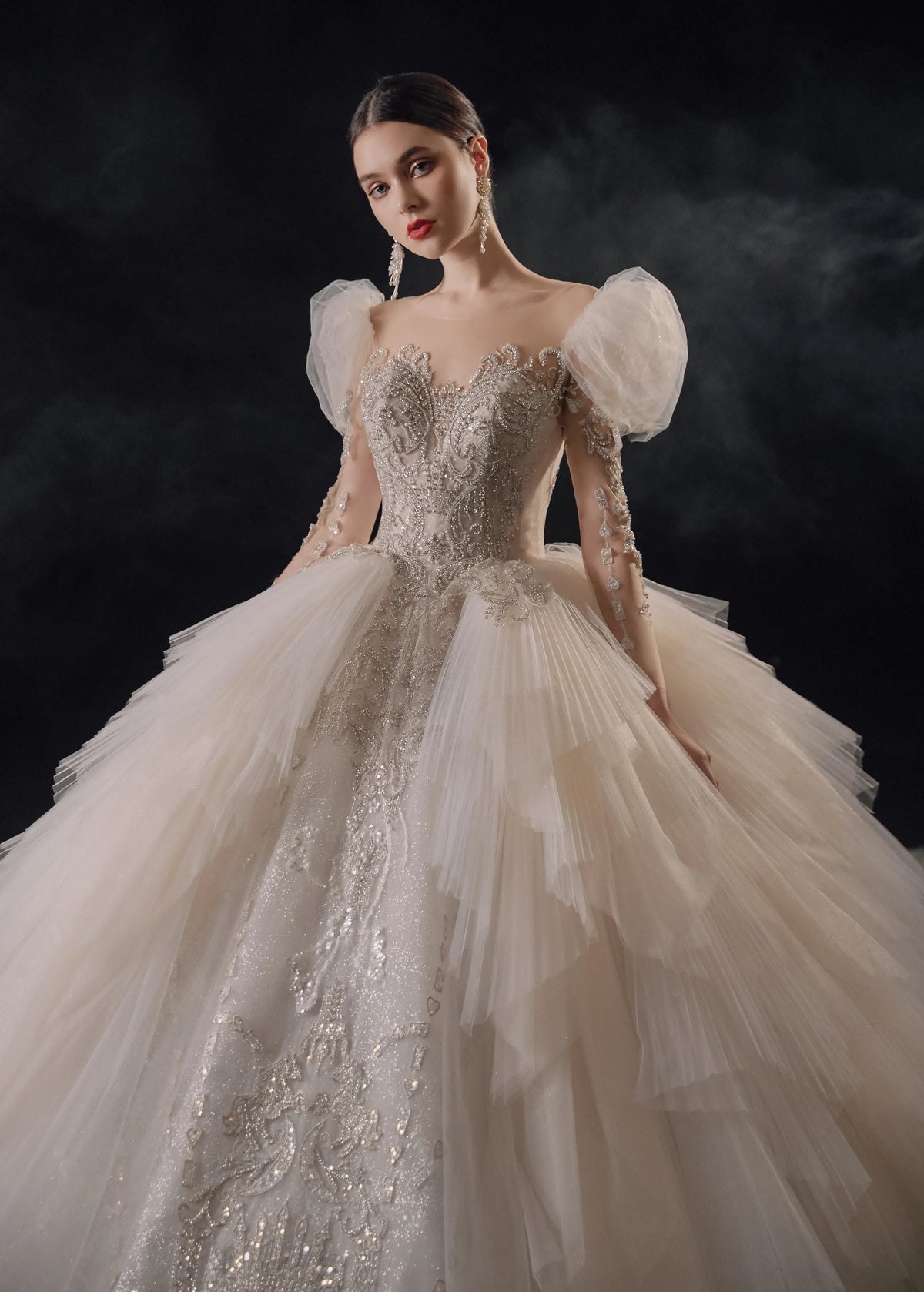Magnificent Off-the-Shoulder Ball Gown Sweetheart Neckline Tulle Puff Sleeve Beaded Lace Long-Sleeve Wedding Dress with Layered Train E-301 (ZD16886) - VelvetHem