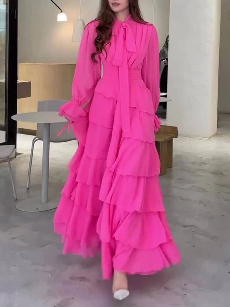 Stylish Hot Pink Chiffon Layered Evening Dress Formal Party Prom Dress - VelvetHem