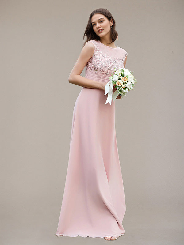 Petal A-Line Chiffon Scoop Neck Sleeveless Floor-Length Bridesmaid Dresses With Appliques - VelvetHem