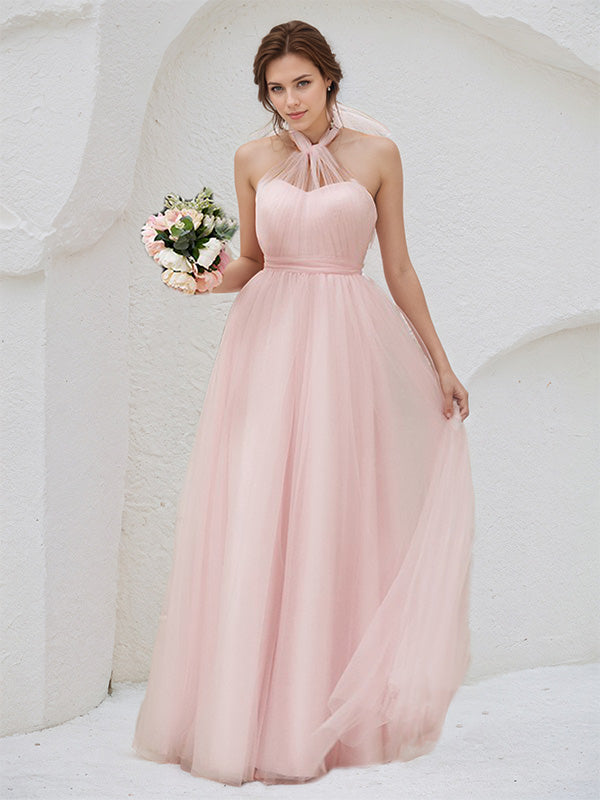 Pink Tulle A Line Halter Neck Sleeveless Floor Length Bridesmaid Dress - VelvetHem