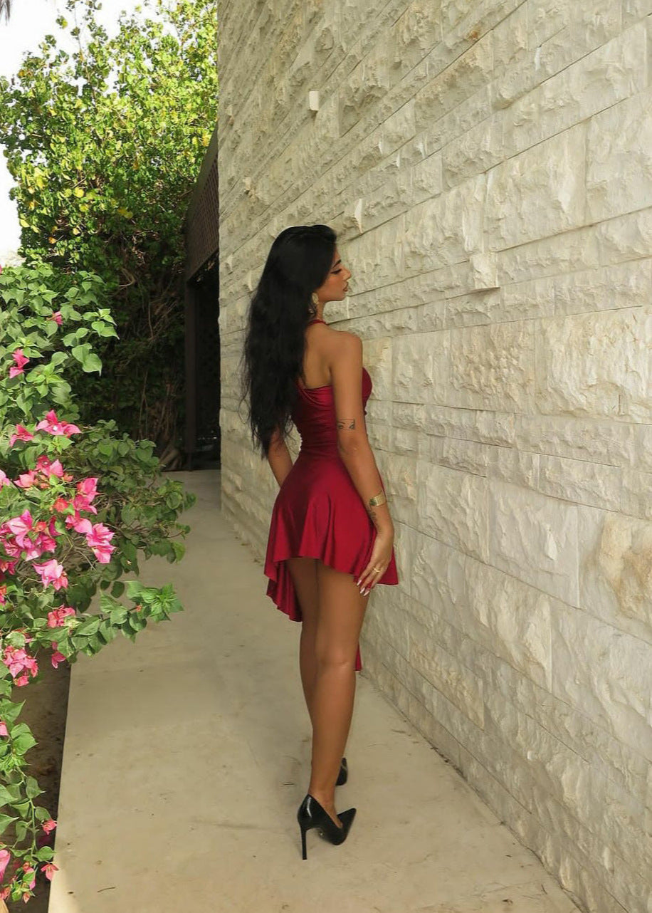 Selene Asymmetrical Satin Halter Dress
