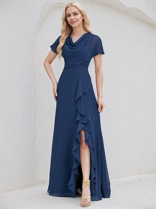 Navy Blue Chiffon A Line V Neck Asymmetrical Bridesmaid Dress With Ruffle - VelvetHem
