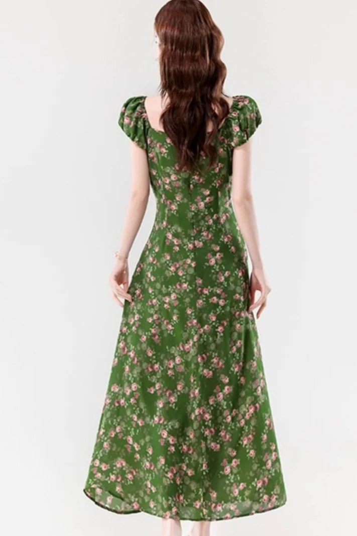 Retro Slim Green V-Neck Floral Dress - View 4 | VelvetHem