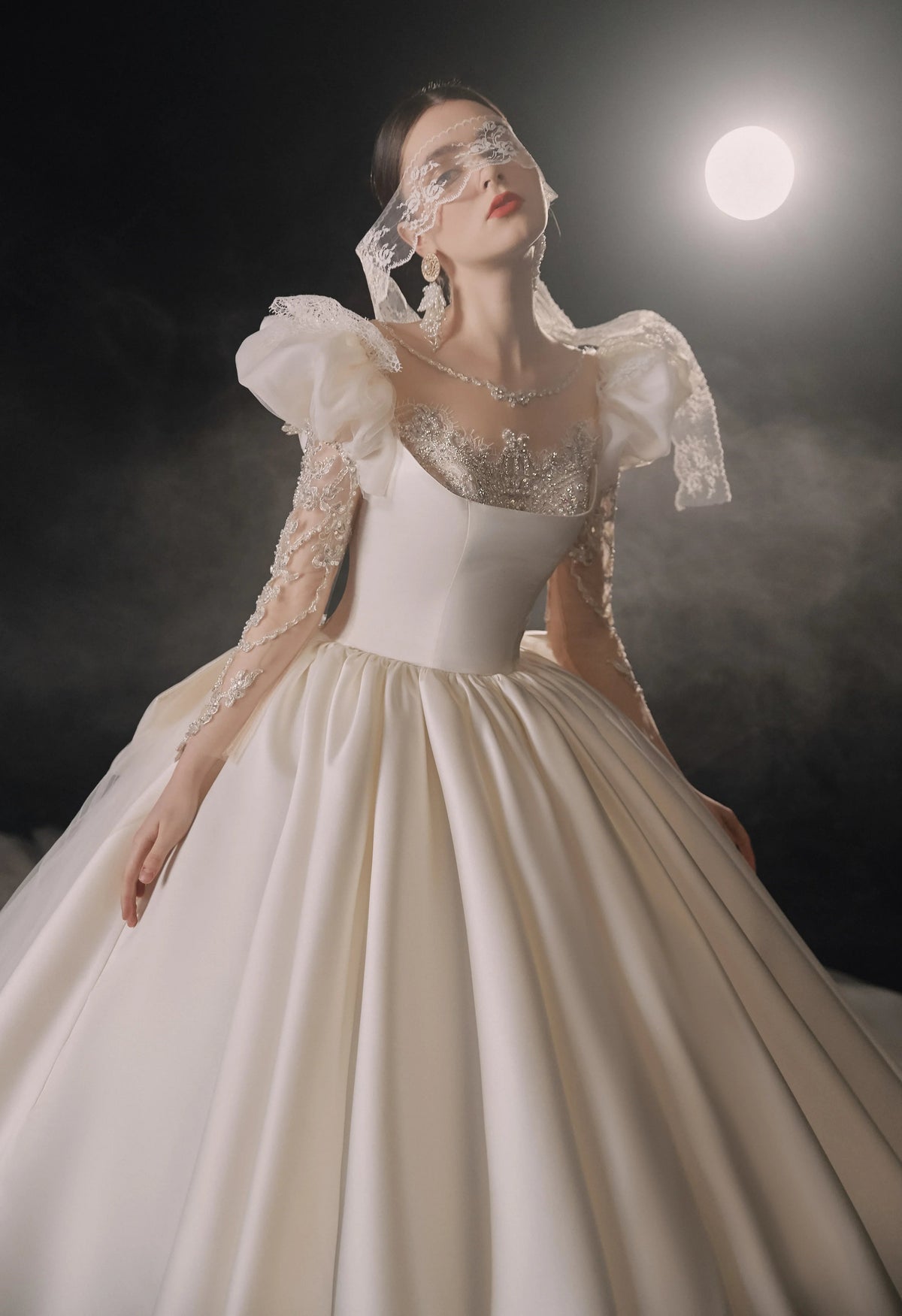 Regal Ball Gown Illusion Neckline Tulle Puff Sleeve Beaded Lace Wedding Dress with Oversized Bow Train E-304 (ZD16888) - VelvetHem