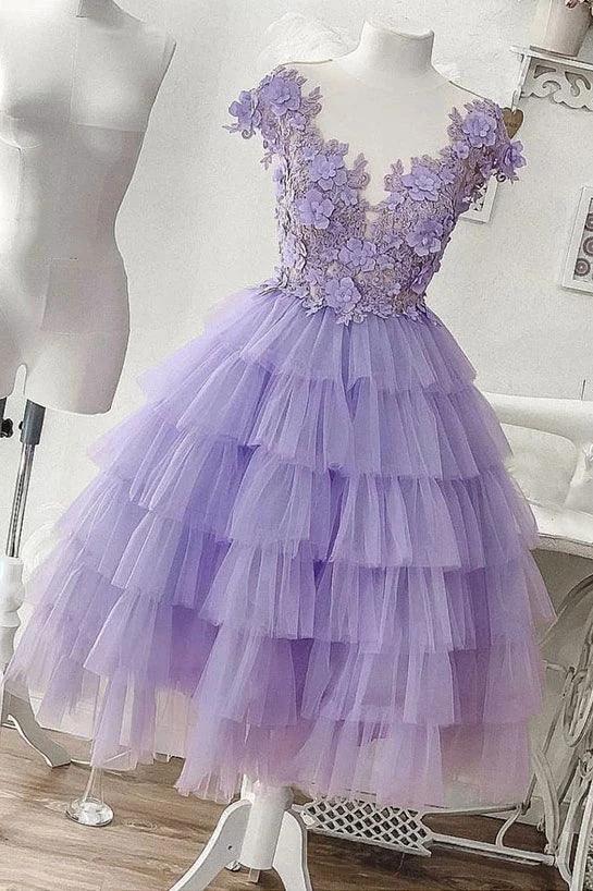 A-line Applique Lilac Tulle Short Homecoming Dresses With Layered (ZD11592) - VelvetHem