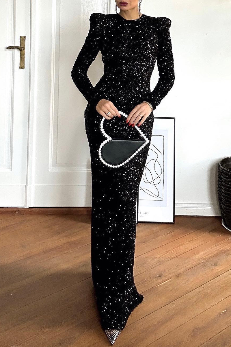 Elegant Solid Sequins Backless O Neck Evening Dresses - VelvetHem