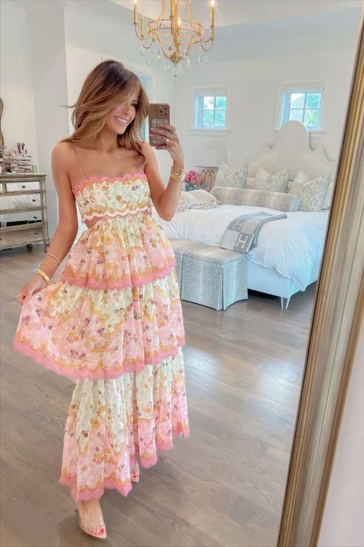 Sweet Spaghetti Straps Tiered Print A-Line Prom Dress Long Prom Evening Dress - VelvetHem