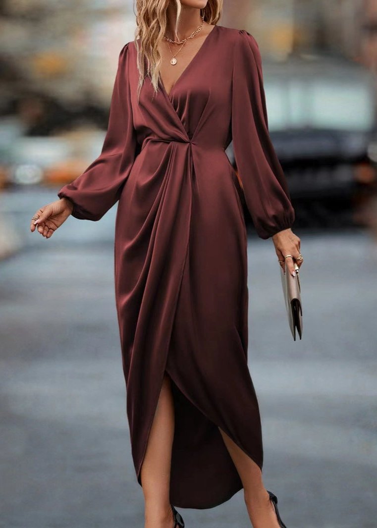 Elegant Red Draped V Neck Midi Dress
