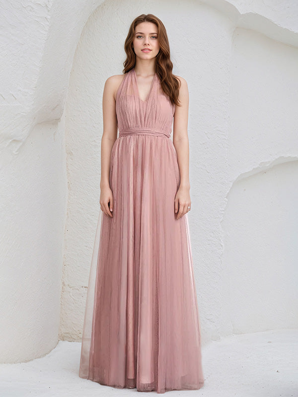 Dusty Rose A-Line Halter Neck Floor-Length Tulle Bridesmaid Dress - VelvetHem