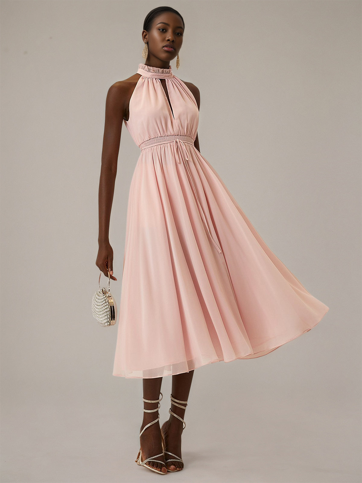 Pink A Line Chiffon Halter Neck Sleeveless Tea Length Dresses - VelvetHem
