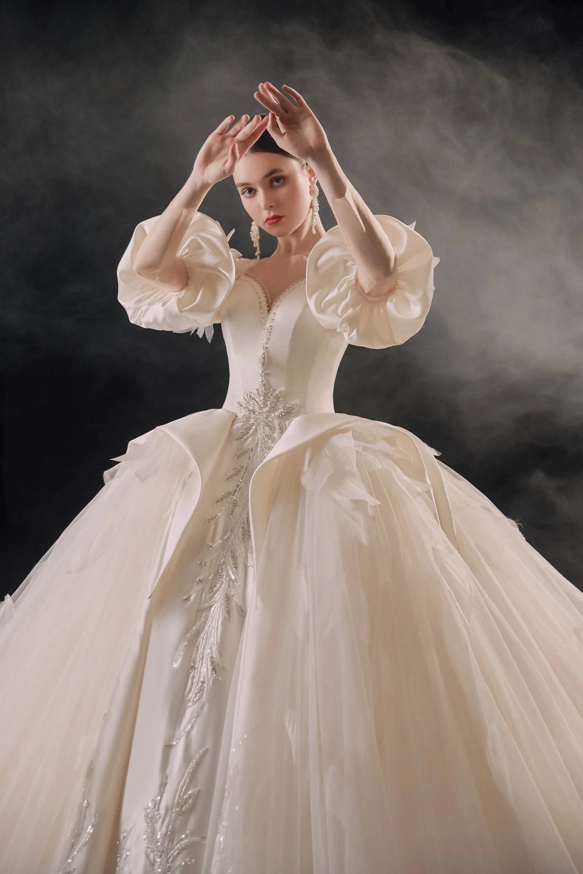 Lavish Sweetheart Ball Gown Satin Puff Sleeve Feather Trim Beaded Wedding Dress with Flowing Train E-302 (ZD16889) - VelvetHem