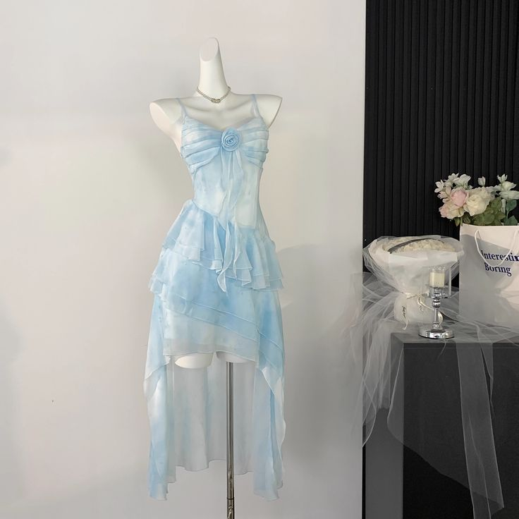 Beautiful High Low Spaghetti Straps Ice Blue Ombre Chiffon Prom Dress Party Dress - VelvetHem