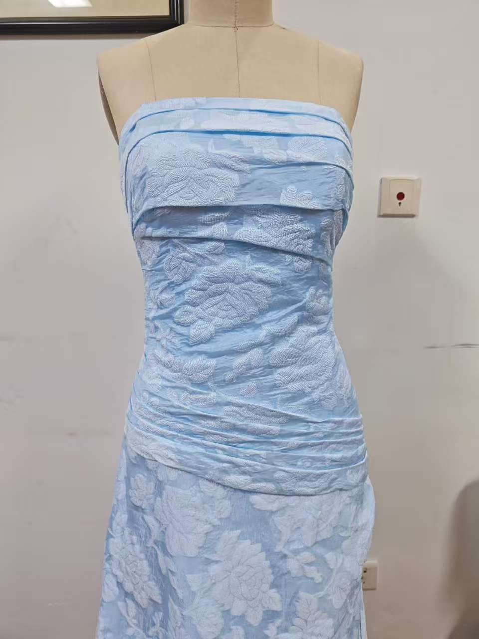 Chic Blue Strapless Satin Print Floral Long Prom Dress Sheath Slit Evening Dress Y8152