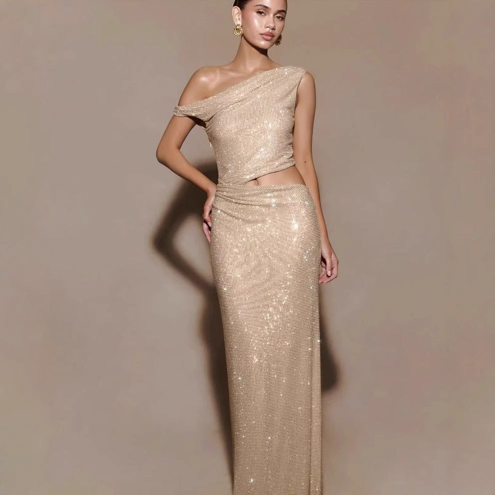 Cutout Rhinestone Halter Slit Prom Dress - VelvetHem