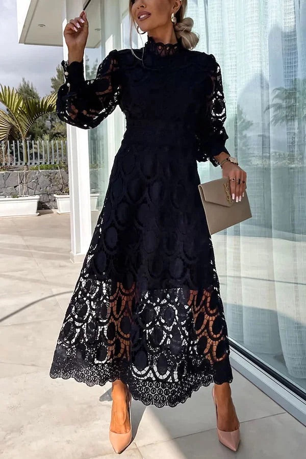 Francisca Premium Romantic, Sensual and Party Midi Dress with Crochet Lace and Lantern Sleeves Chic Silhouette Collection