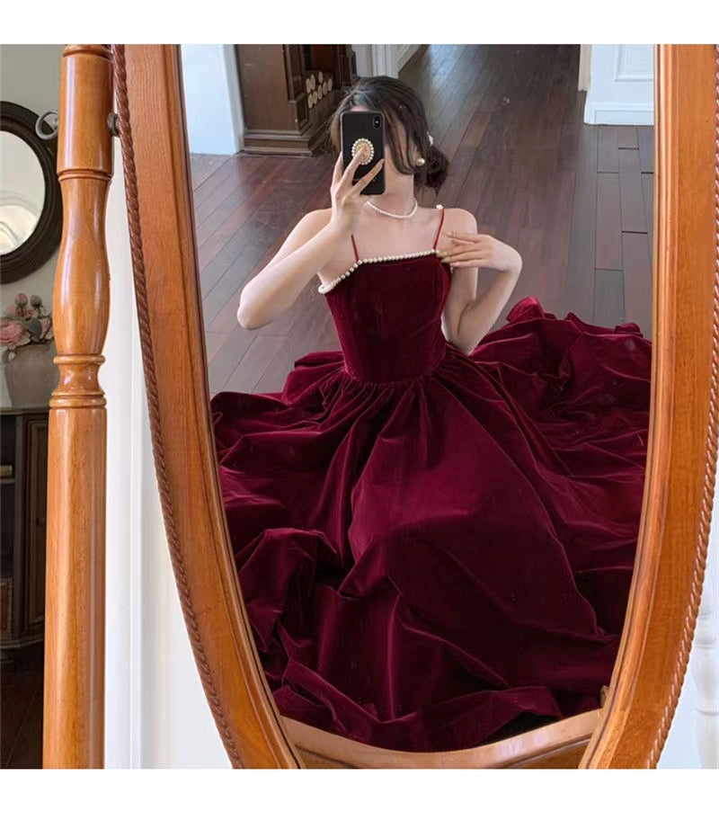 Spaghetti Straps Burgundy Velvet Prom Dress Simple Prom Dress Party Dress
