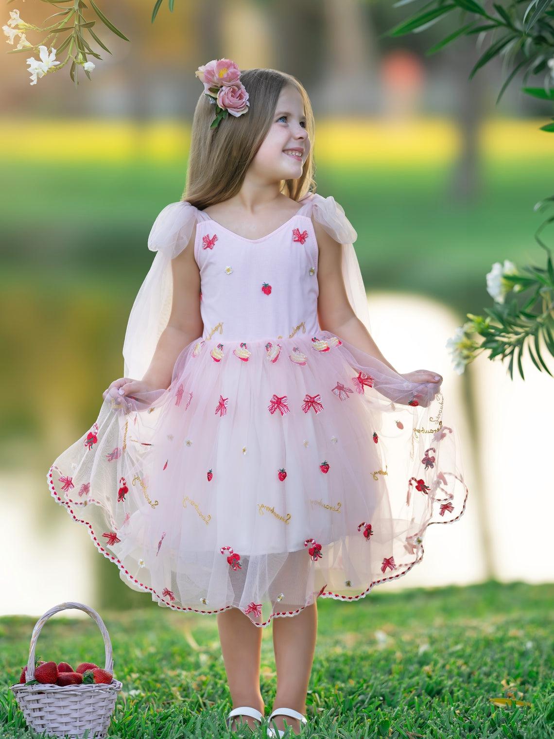 Tulle Knee-length Strawberry Embroidery Flower Girl Dress - VelvetHem