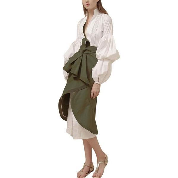 Women Clothes Spring New Stand Collar Puff Sleeve Personality Dress