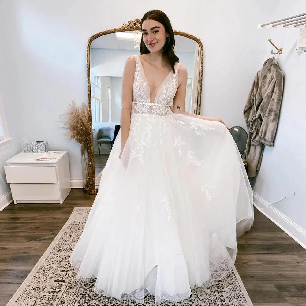 Pastrol Wedding Dresses V-neck Backless Tulle For Women 2023 Bride A-LINE Appliques Vestidos De Novia Made To Order (ZD13385)