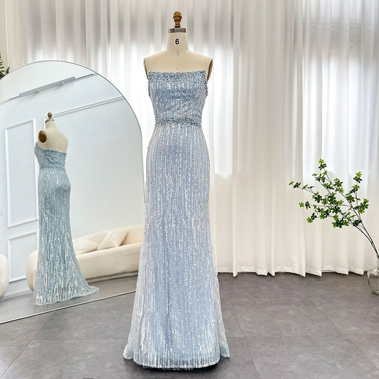 Light Blue Pearls Luxury Dubai Evening Dresses Elegant Strapless Formal Prom Gowns - View 4 | VelvetHem