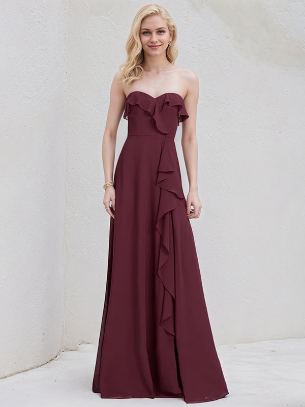 Cabernet Chiffon A Line Sweetheart Sleeveless Floor Length Bridesmaid Dress