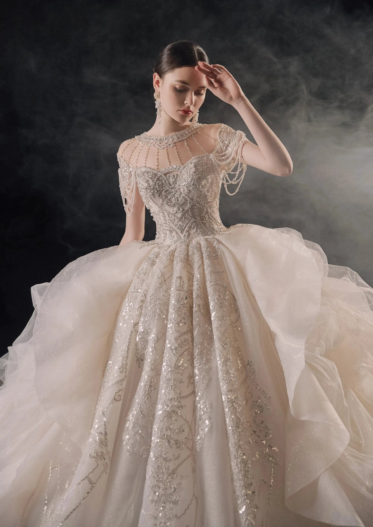 Glamorous Illusion Neckline Ball Gown Beaded Lace Fringe Trim Ruffled Train Wedding Dress E-307 by ZAPDRESS