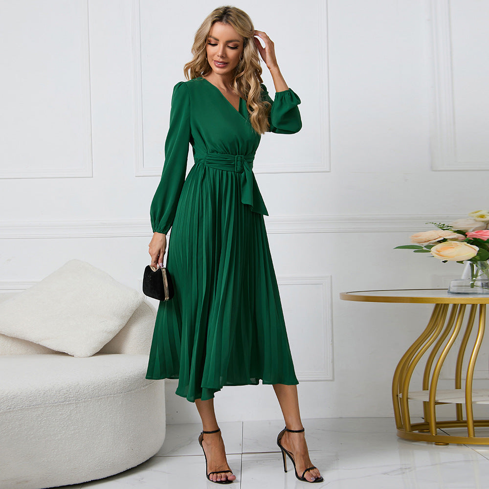 Guillermina Minimalist Pleated Midi Dress with a Crossover V Neck Designer Edit