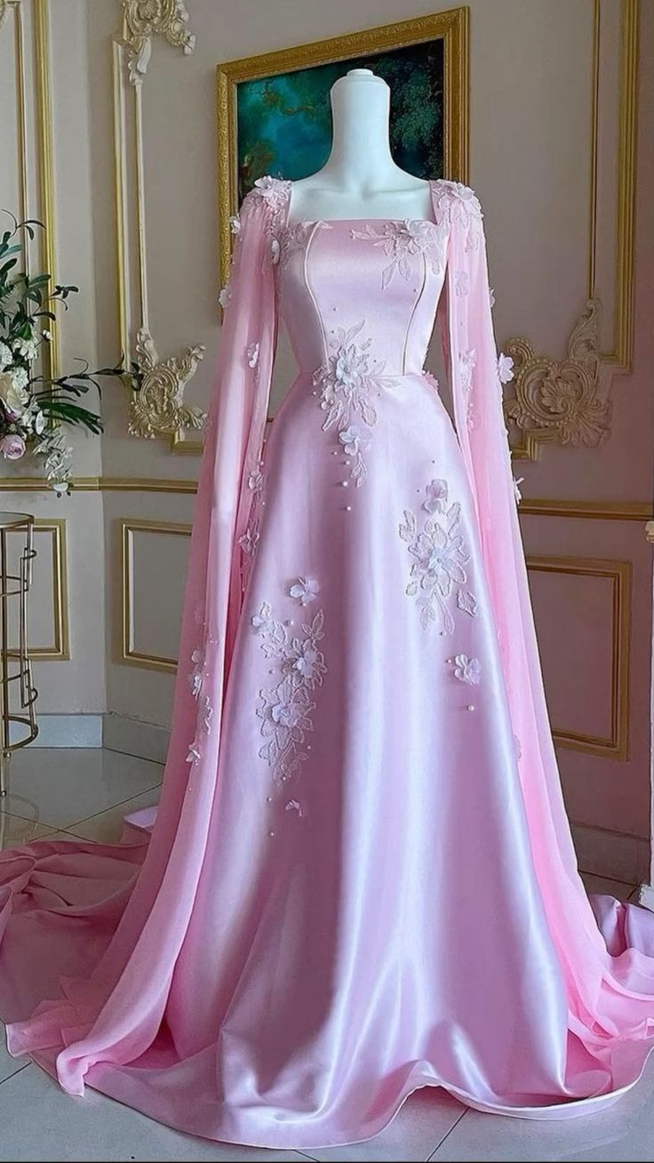 Luxurious Pink Satin Appliques Long A Line Evening Dress Formal Prom Dress With Cape - VelvetHem