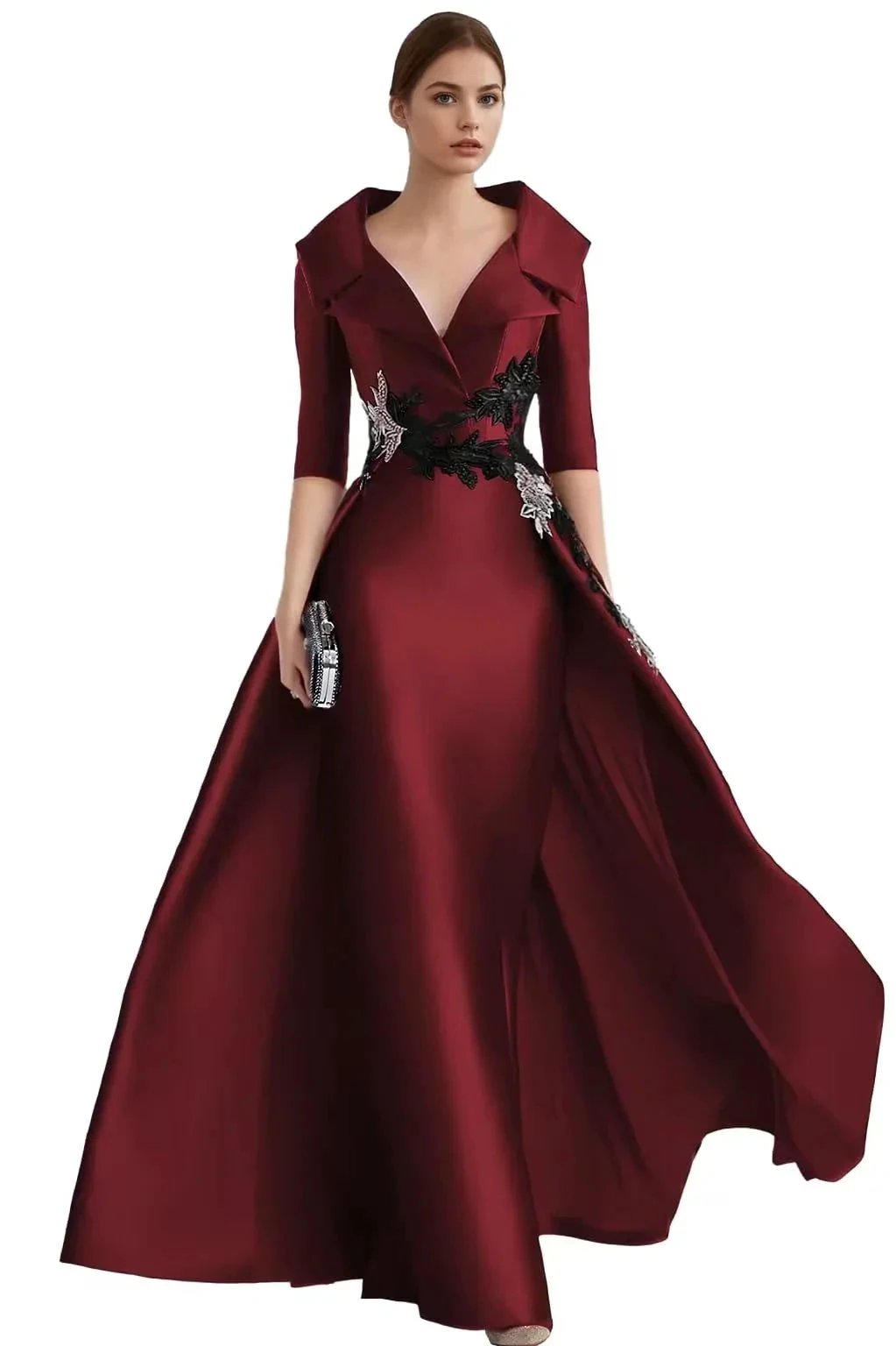 Wine red satin large collar dress (ZD16765) - VelvetHem