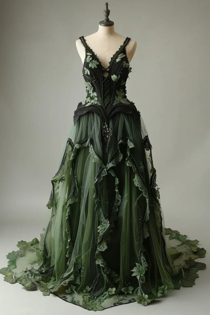 V-neck Tulle Applique Long Prom Dress Vintage Lace Formal Evening Dress - VelvetHem