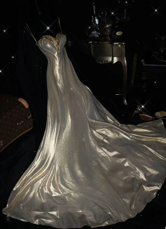 A Line Spaghetti Straps Satin Beaded Long Prom Dress,Formal Evening Dress - VelvetHem
