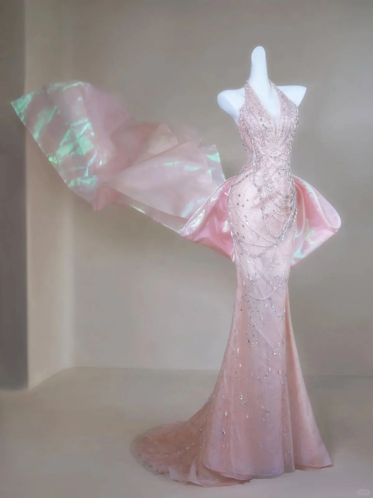 Mermaid Halter Light Pink Satin Beaded Long Prom Dress,Formal Evening Dress - VelvetHem