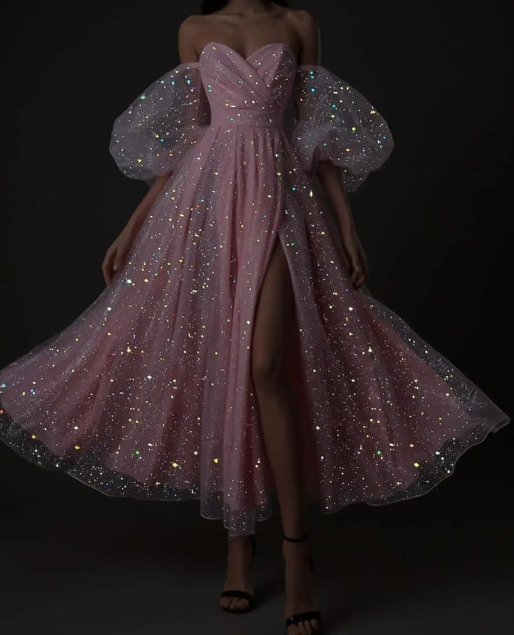 Sparkly Off The Shoulder Slit Pink Knee Length Prom Dress Evening Gown - VelvetHem