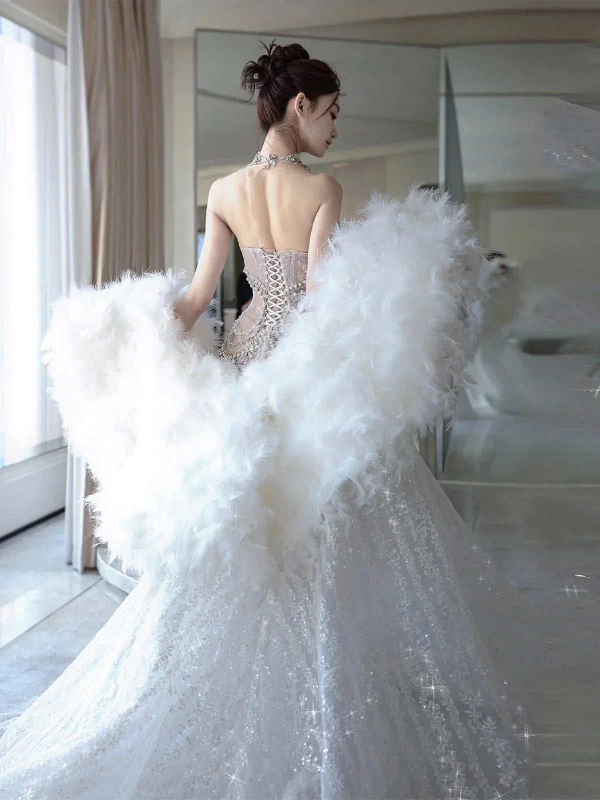 Elegant Silver-White Mermaid Sweetheart Neckline Pearl-Beaded Tulle Train Prom Dress Evening Dress