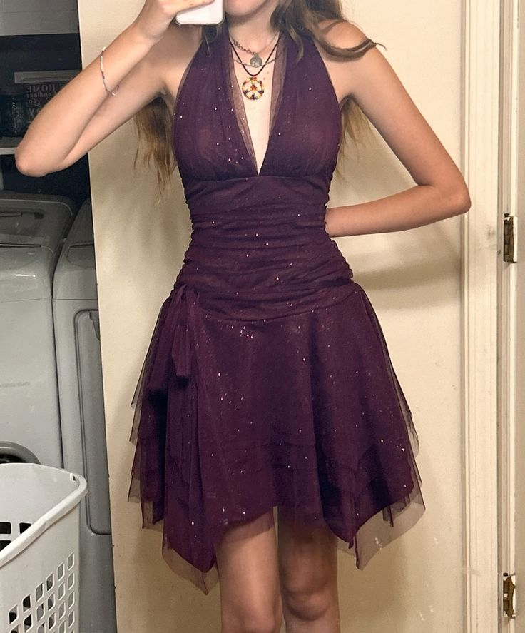Sparkly Halter Purple Tulle Sequin Cocktail Dress Graduation Dress