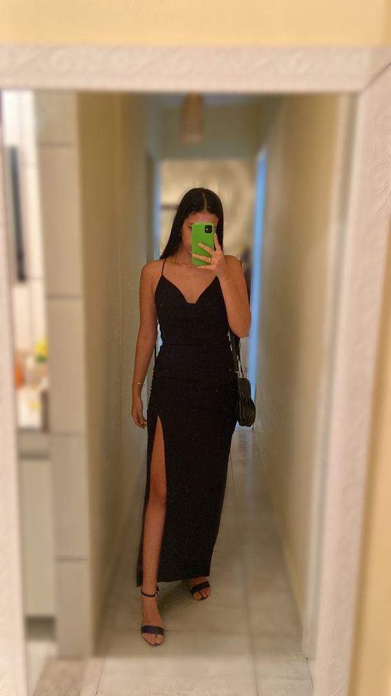 Elegant Black Sheath Evening Dress With Split Black Evening Gown Y6135 - VelvetHem