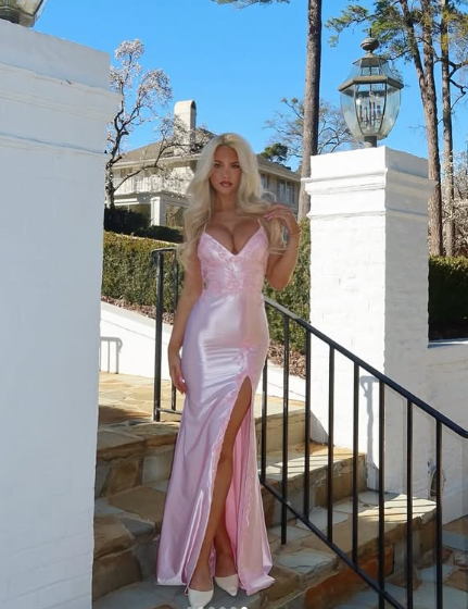 Pretty Pink Satin Appliques Mermaid Evening Dress,Spaghetti Straps Slit Prom Dress - VelvetHem