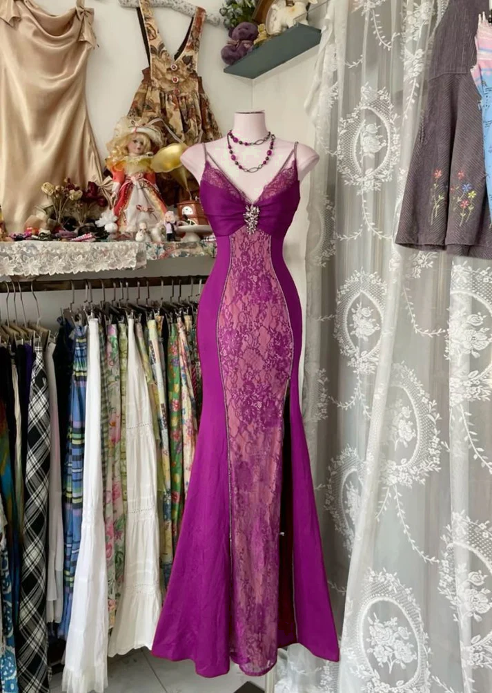 V Neck Lace Burgundy Long Prom Dress Mermaid Evening Party Gown fg6916 - View 8 | VelvetHem