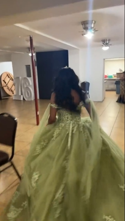 A Line Green Tulle Lace Princess Dresses Off the Shoulder Party Ball Gowns fg6204 - View 3 | VelvetHem