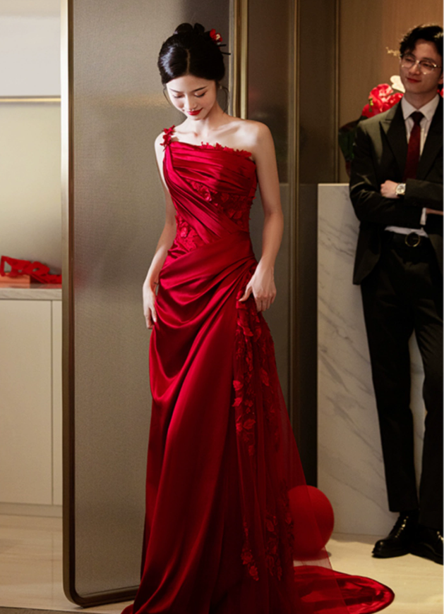 Burgundy Mermaid Long Formal Dress Satin Lace Evening Dresses - VelvetHem