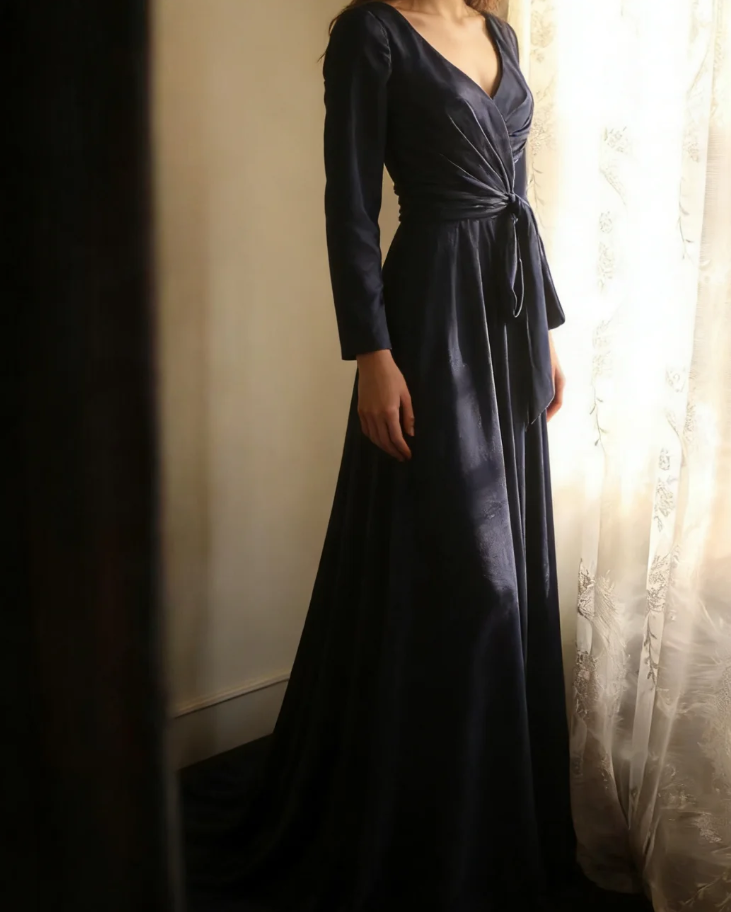 Elegant V Neck Navy Blue Satin Mermaid Long Wedding Guest Dress Formal Birthday Evening Dress