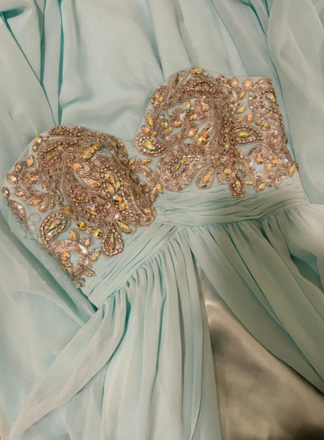 Pretty Strapless Blue Satin Chiffon Beaded Long Wedding Guest Dress Formal Birthday Party Dress - View 4 | VelvetHem