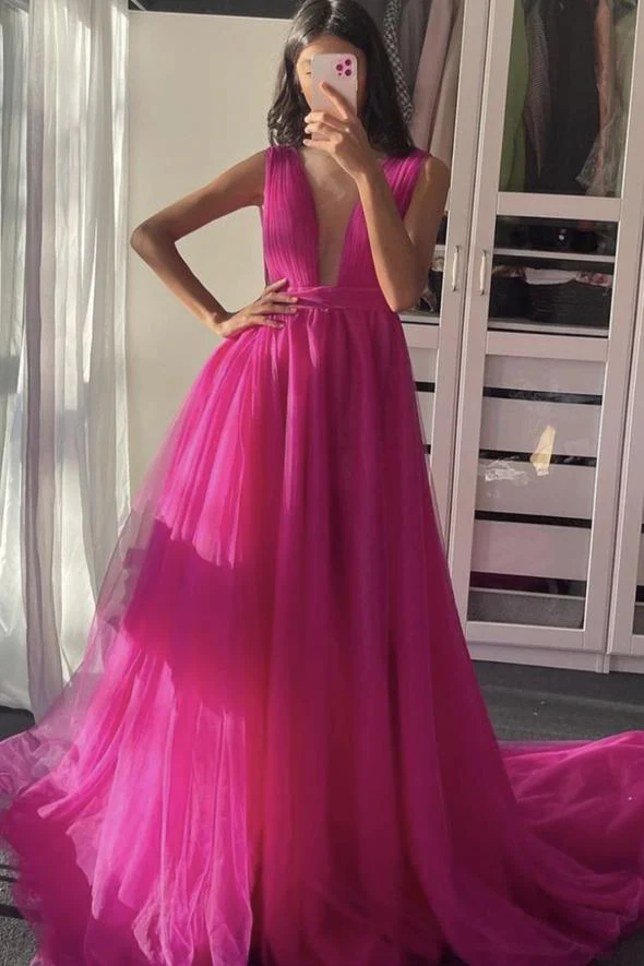 Sexy Deep V Neck Tulle Long Prom Dress A Line Party Evening Dress - VelvetHem
