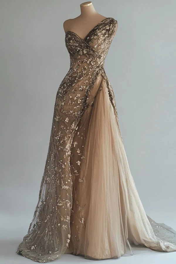 Vintage One Shoulder Champagne Sequins Tulle Long Prom Dress Evening Dress - VelvetHem