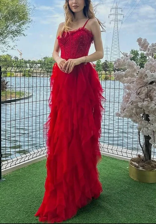Charming Spaghetti Straps Red Ruffles Tulle Beaded Formal Prom Dress Long Evening Dress - VelvetHem